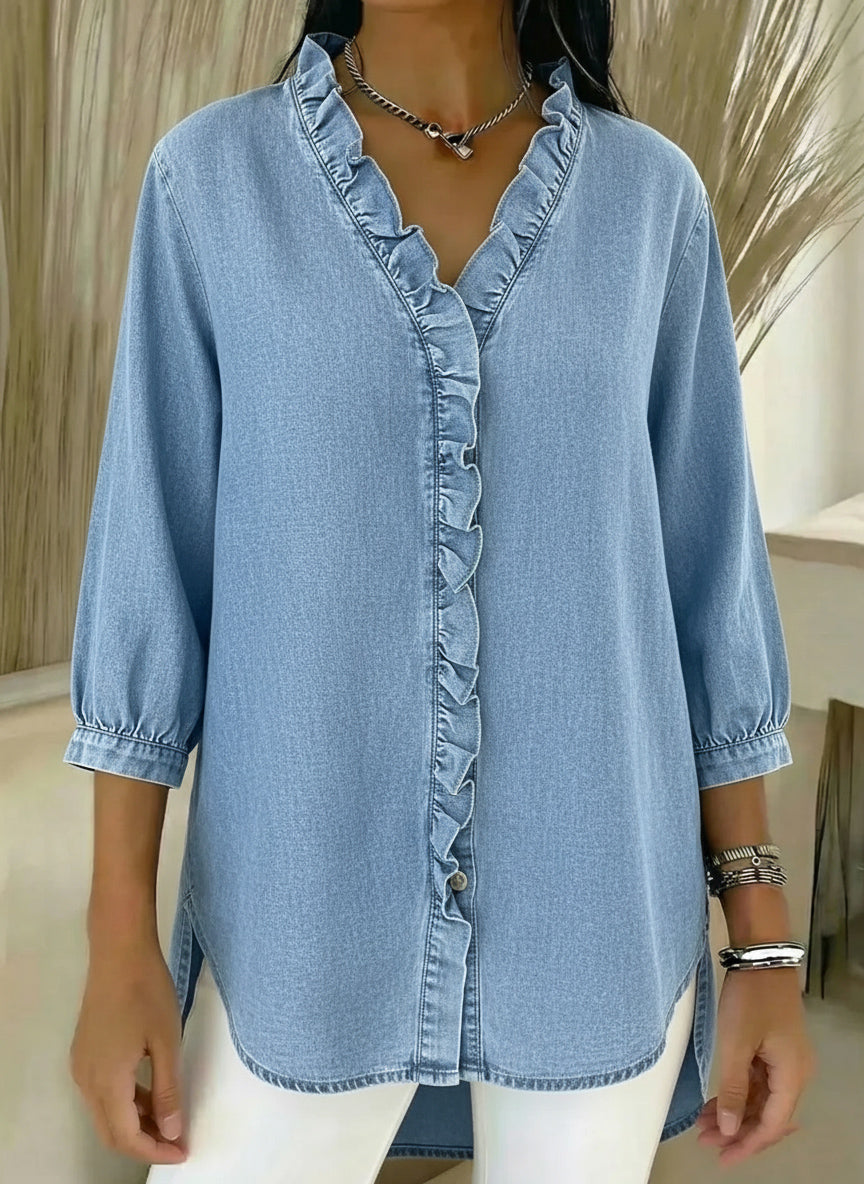 Women's Casual Denim Blouse – V-Neck Ruffled Collar & 3/4 Sleeves