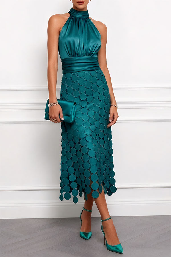 Women's Elegant Halter Neck Textured Midi Dress