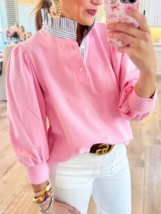 Leaf-Edge Chiffon Patchwork Top – Ruffle Neck, 3/4 Sleeve, Relaxed Fit