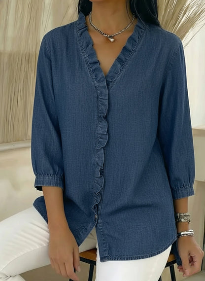 Women's Casual Denim Blouse – V-Neck Ruffled Collar & 3/4 Sleeves