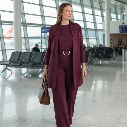 Soft Knit 3-Piece Set – Long Cardigan, Shell Top & Wide-Leg Pants