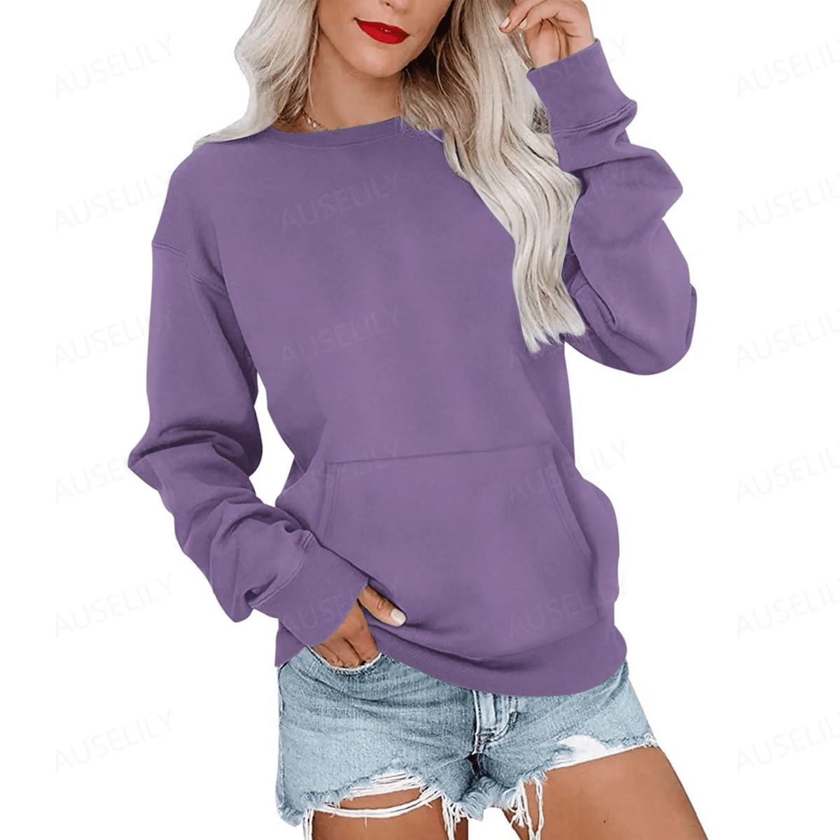 Hoodless Crewneck Sweatshirt – Kangaroo Pocket, Relaxed Fit, Lightweight Fleece