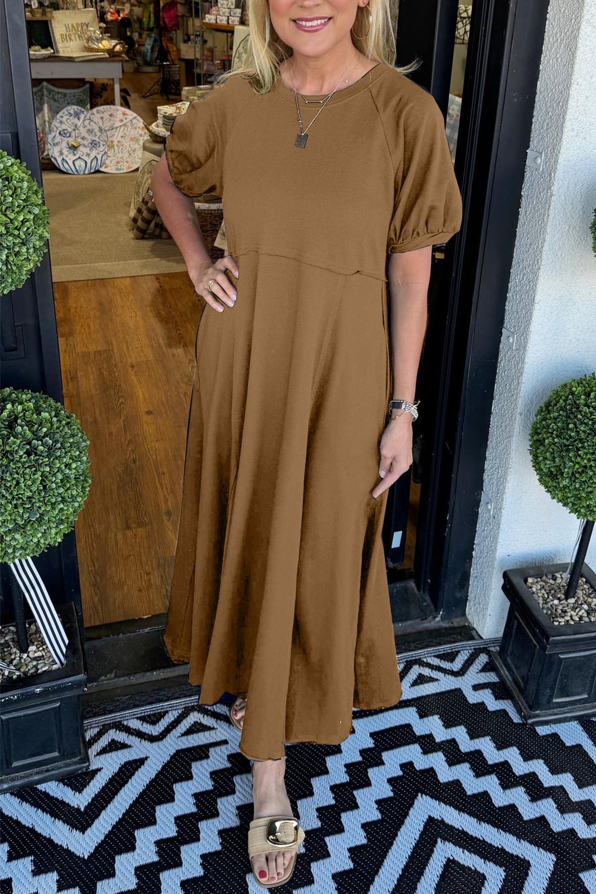 Puff Sleeve Round Neck Maxi Dress – Solid Color, Loose Fit, Wrinkle-Resistant