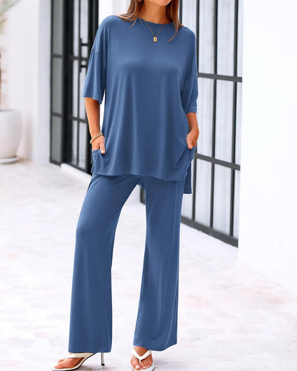 Loose-Fit 2-Piece Set – Short Sleeve Top & Wide-Leg Pants with Pockets