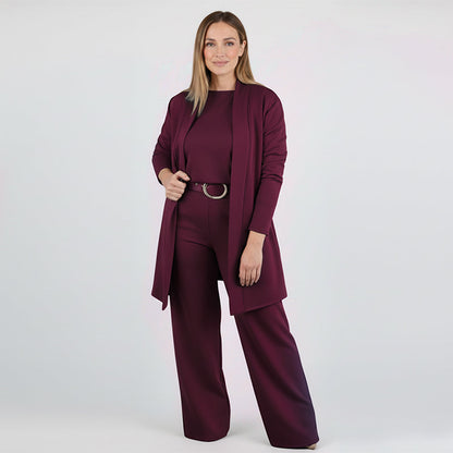 Soft Knit 3-Piece Set – Long Cardigan, Shell Top & Wide-Leg Pants