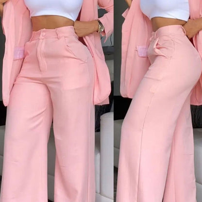 Ruffle Sleeve Blazer & Wide-Leg Pants Set – 2-Piece Business Suit