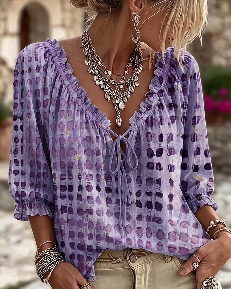 Polka Dot Tie-Front Blouse – V-Neck, 3/4 Sleeve, Relaxed Fit