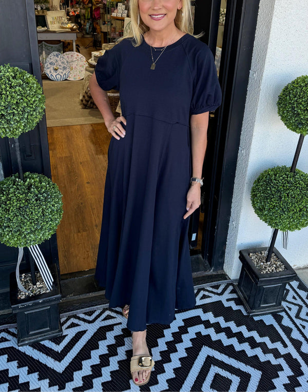 Puff Sleeve Round Neck Maxi Dress – Solid Color, Loose Fit, Wrinkle-Resistant