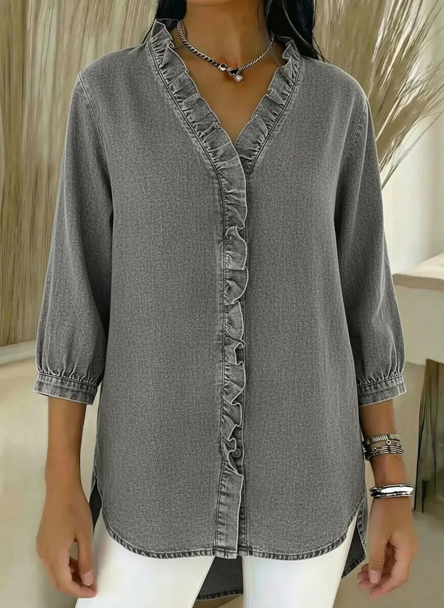 Women's Casual Denim Blouse – V-Neck Ruffled Collar & 3/4 Sleeves