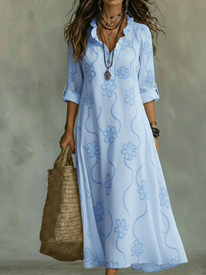 Vintage Floral A-Line Midi Dress with Ruffled Collar