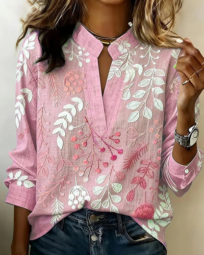Embroidered Mandarin Collar Blouse – Artisanal Floral Long Sleeve Top