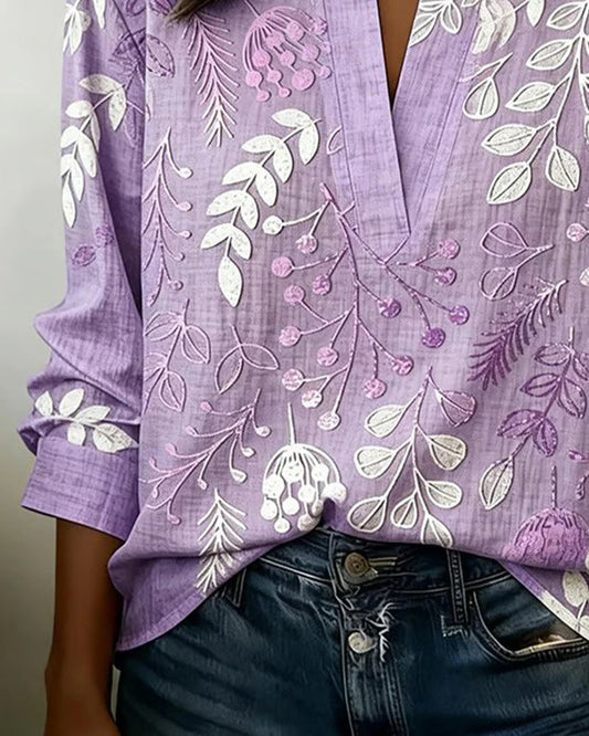 Embroidered Mandarin Collar Blouse – Artisanal Floral Long Sleeve Top