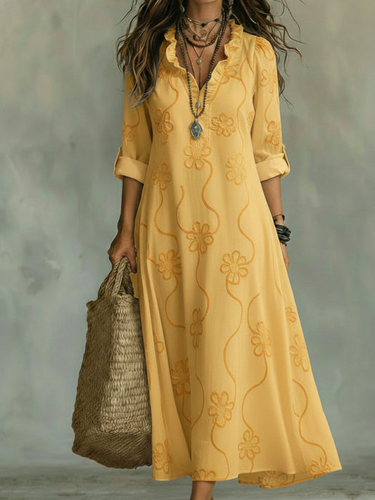 Vintage Floral A-Line Midi Dress with Ruffled Collar