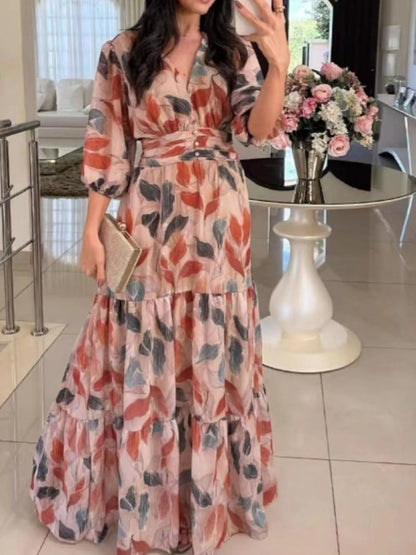 Floral V-Neck Maxi Dress with Tiered Ruffle Hem – Plus Size