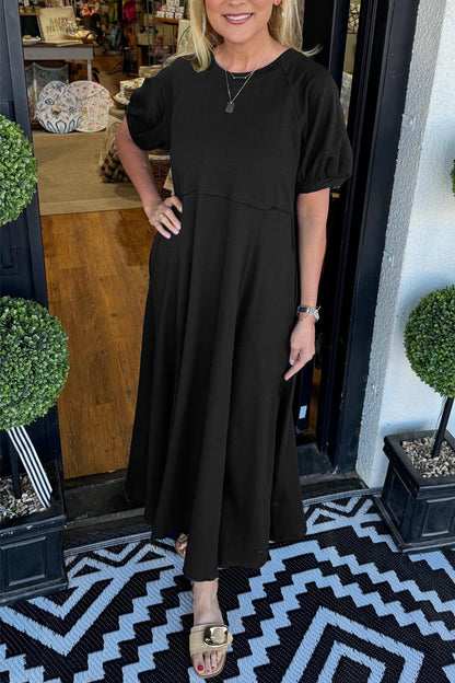 Puff Sleeve Round Neck Maxi Dress – Solid Color, Loose Fit, Wrinkle-Resistant