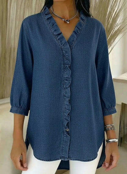 Women's Casual Denim Blouse – V-Neck Ruffled Collar & 3/4 Sleeves