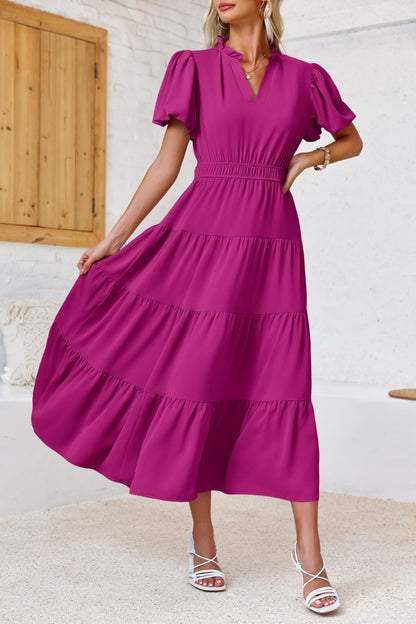 Puff Short Sleeve V Neck Flowy Tiered Beach A-Line Dresses