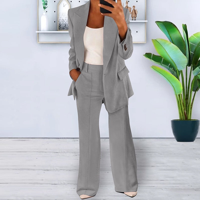 Soft Tailored Blazer & Wide-Leg Pants Set – 2-Piece Casual Suit