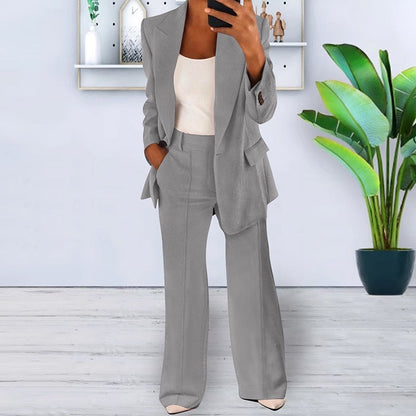 Soft Tailored Blazer & Wide-Leg Pants Set – 2-Piece Casual Suit