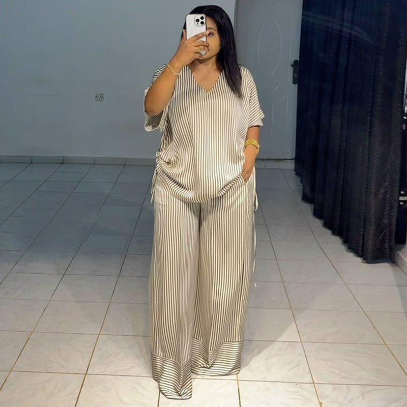 Striped Drawstring Top & Wide-Leg Pants Set – Adjustable Length, Pockets