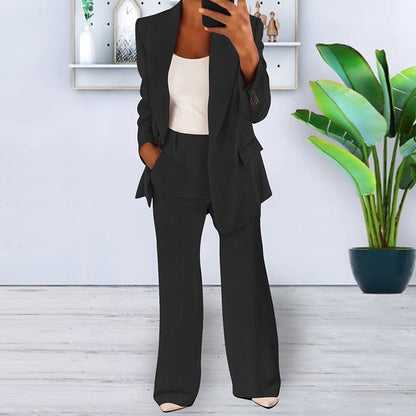 Soft Tailored Blazer & Wide-Leg Pants Set – 2-Piece Casual Suit