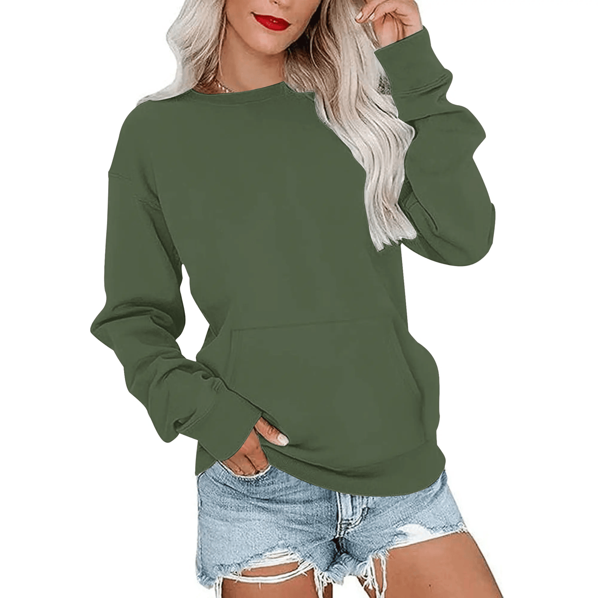 Hoodless Crewneck Sweatshirt – Kangaroo Pocket, Relaxed Fit, Lightweight Fleece