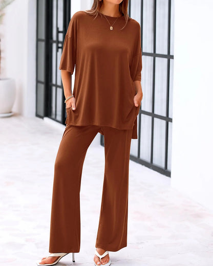 Loose-Fit 2-Piece Set – Short Sleeve Top & Wide-Leg Pants with Pockets