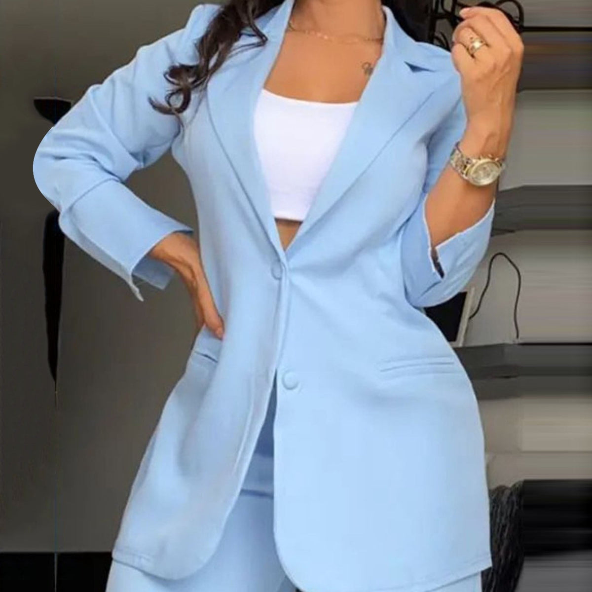 Ruffle Sleeve Blazer & Wide-Leg Pants Set – 2-Piece Business Suit
