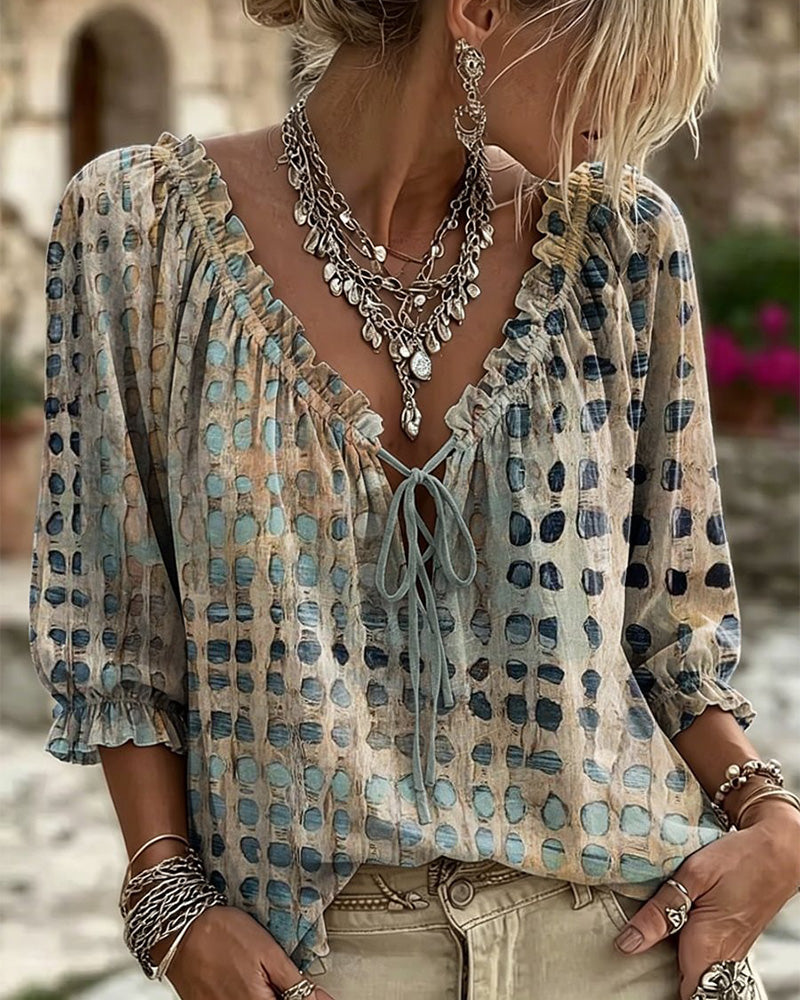 Polka Dot Tie-Front Blouse – V-Neck, 3/4 Sleeve, Relaxed Fit