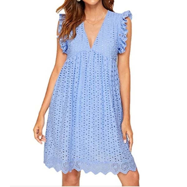 Women's Summer V-Neck Lace Dress – Short Sleeve Hollow Eyelet Dress