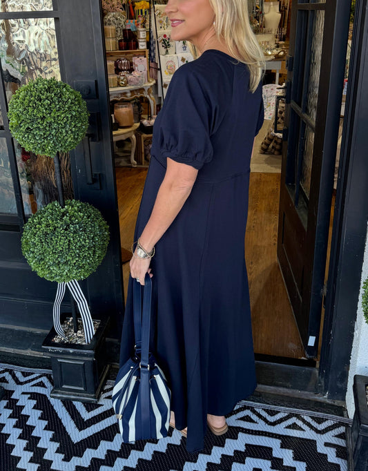 Puff Sleeve Round Neck Maxi Dress – Solid Color, Loose Fit, Wrinkle-Resistant
