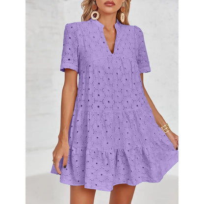 Eyelet Lace flowing dress – V-Neck, Short Sleeve, Relaxed Fit
