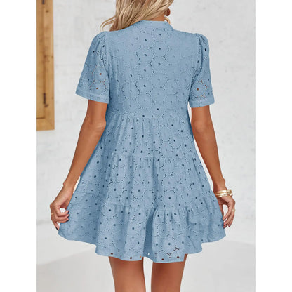 Eyelet Lace flowing dress – V-Neck, Short Sleeve, Relaxed Fit