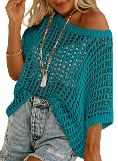 Crochet Hollow-Out Knit Top – 3/4 Sleeve, Lightweight Summer Pullover