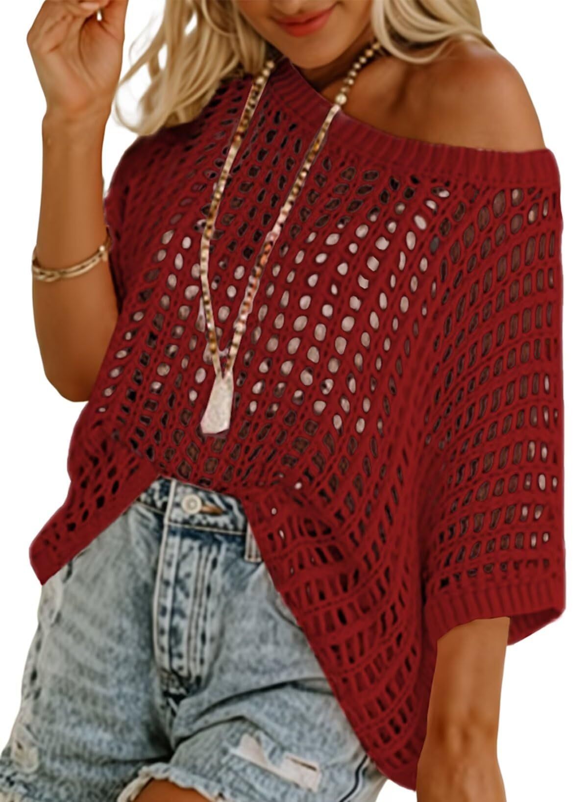 Crochet Hollow-Out Knit Top – 3/4 Sleeve, Lightweight Summer Pullover