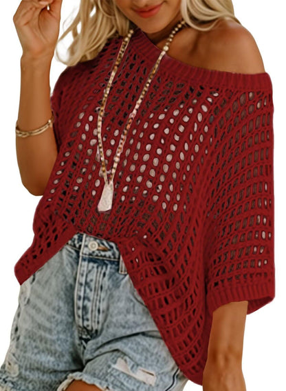Crochet Hollow-Out Knit Top – 3/4 Sleeve, Lightweight Summer Pullover