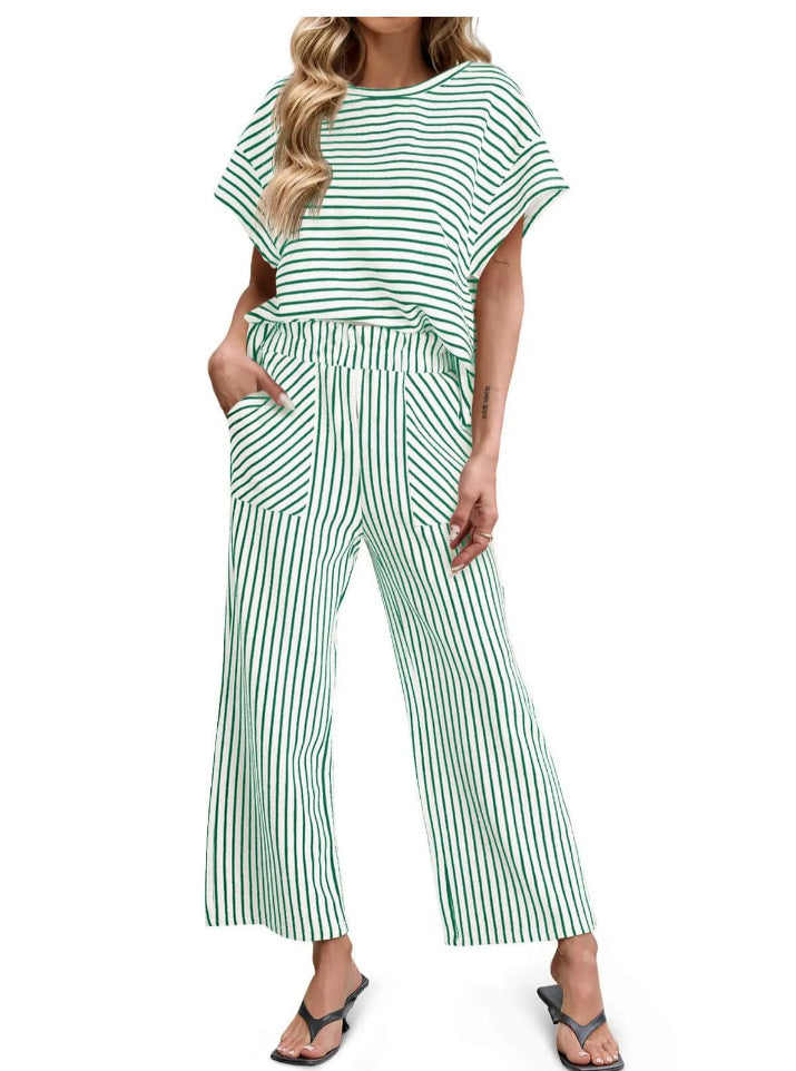 Striped Knit Lounge Set – Short Sleeve Top & Drawstring Shorts, Relaxed Fit, with Pockets