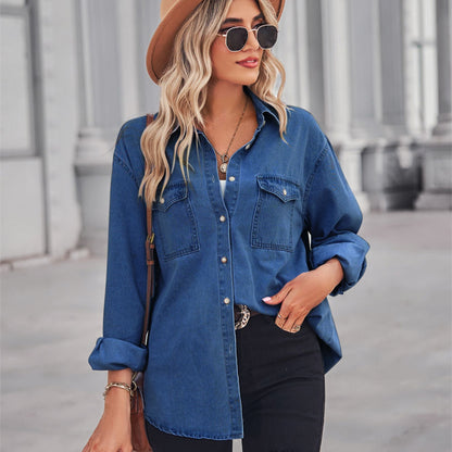 Relaxed Fit Denim Shirt – 100% Cotton, Cuffed Sleeve Detail