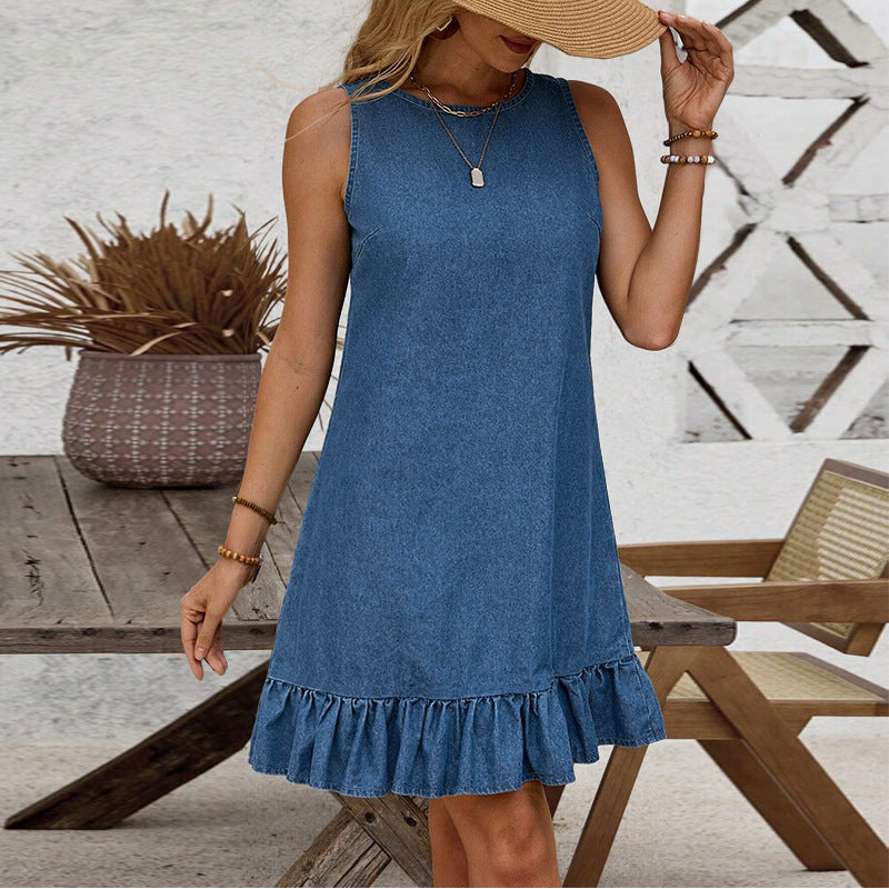 Sleeveless Denim Shift Dress – Crew Neck, Back Button Detail, Relaxed Fit