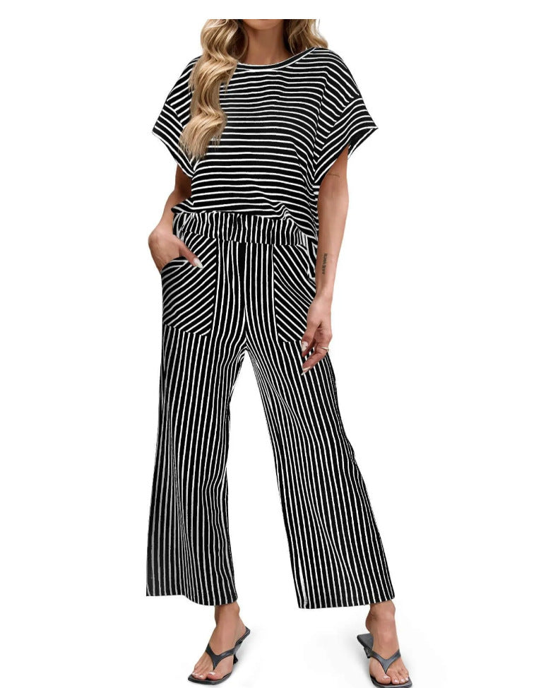Striped Knit Lounge Set – Short Sleeve Top & Drawstring Shorts, Relaxed Fit, with Pockets