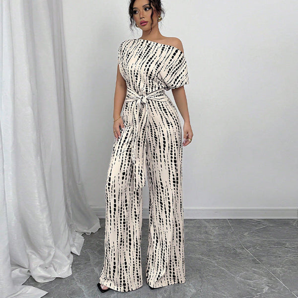 Women's One Shoulder Printed Wide Leg Jumpsuit with Self-Tie Belt