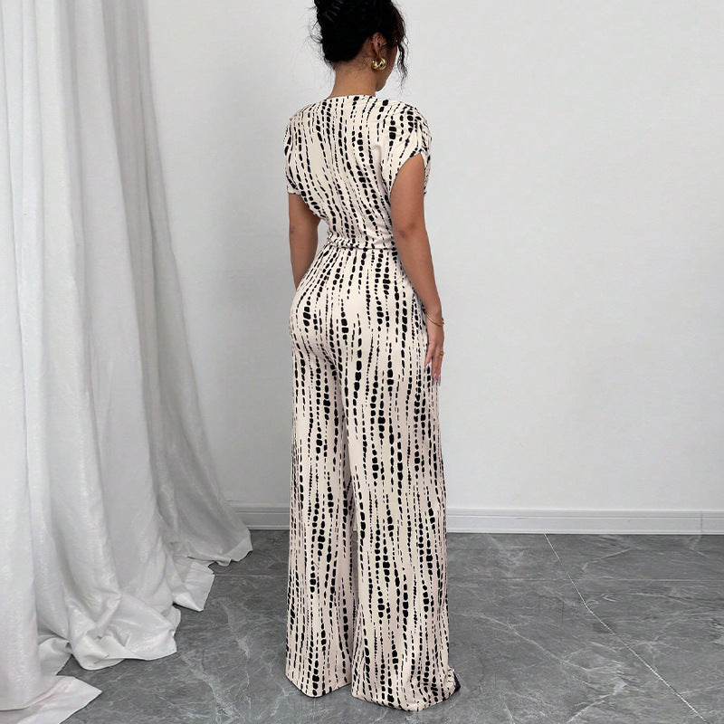 Women's One Shoulder Printed Wide Leg Jumpsuit with Self-Tie Belt