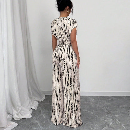 Women's One Shoulder Printed Wide Leg Jumpsuit with Self-Tie Belt