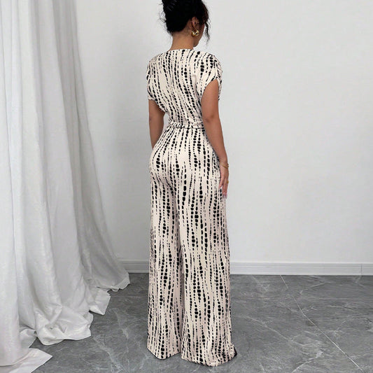Women's One Shoulder Printed Wide Leg Jumpsuit with Self-Tie Belt
