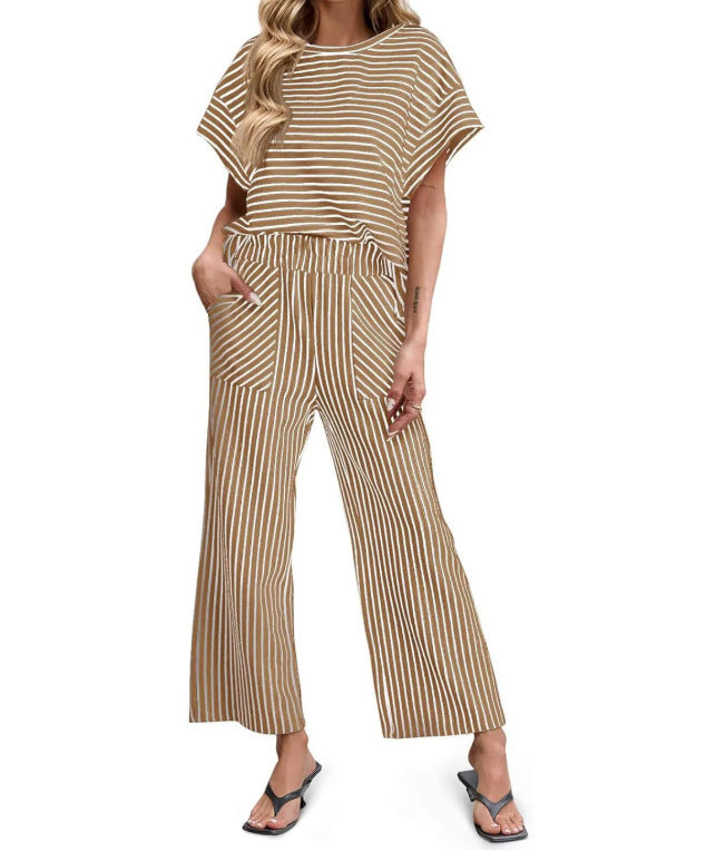 Striped Knit Lounge Set – Short Sleeve Top & Drawstring Shorts, Relaxed Fit, with Pockets