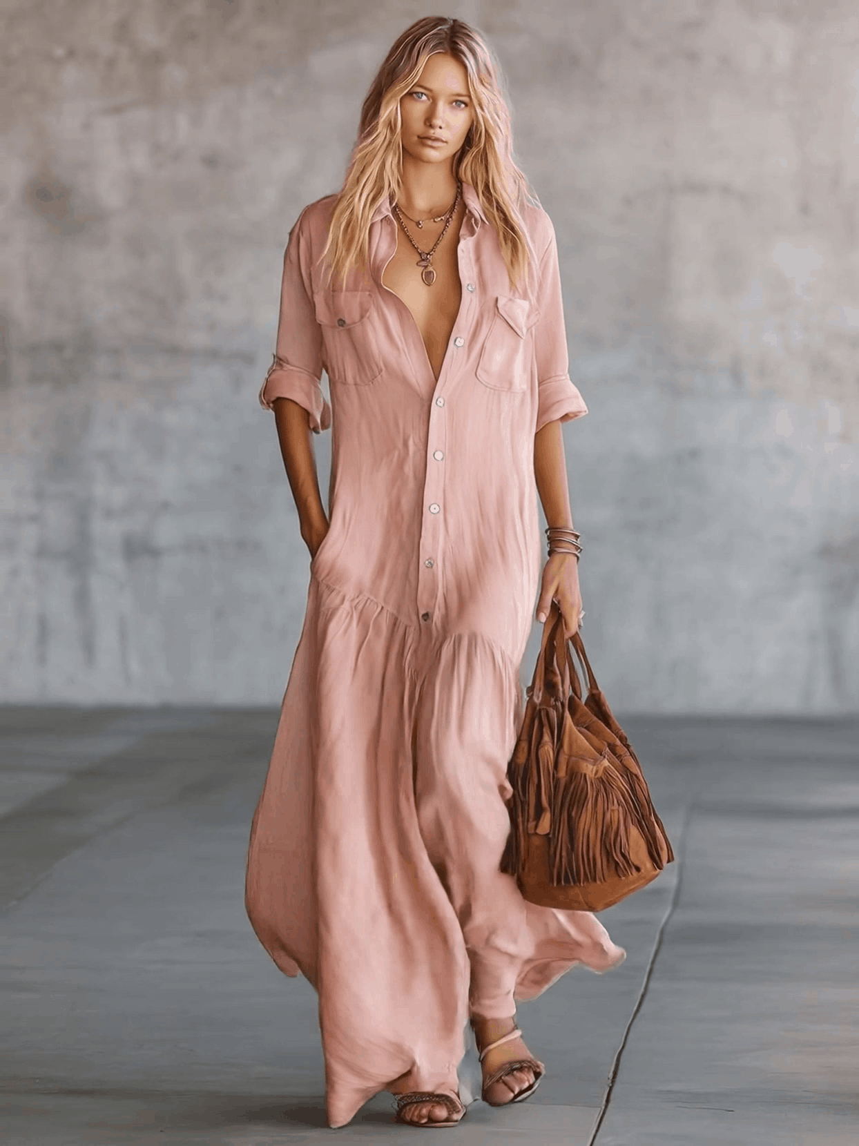 Pink Western Shirt Dress – Retro Maxi for Women