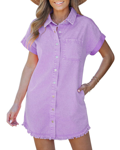 Frayed Hem Denim Shirt Dress – Button Front, Side Pockets, Relaxed Fit