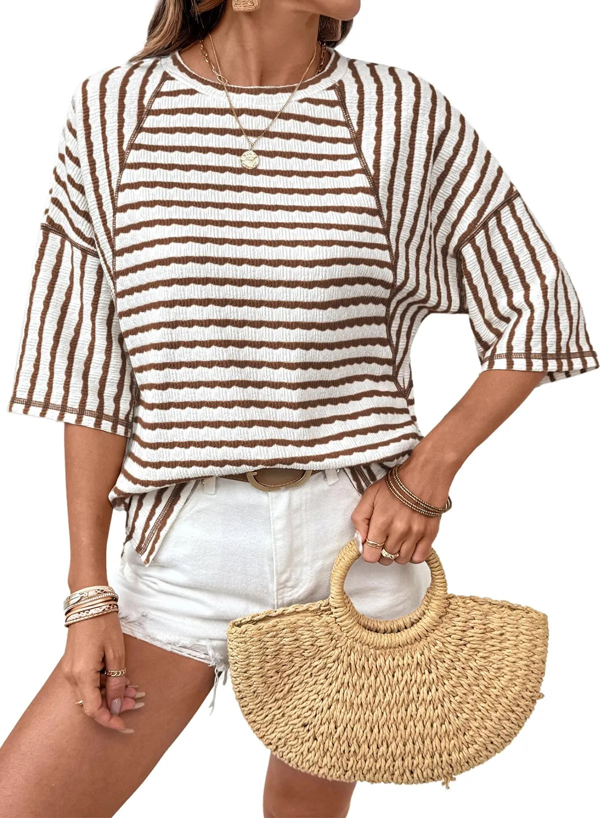 Striped Knit Split Hem Top – Crewneck, Relaxed Fit