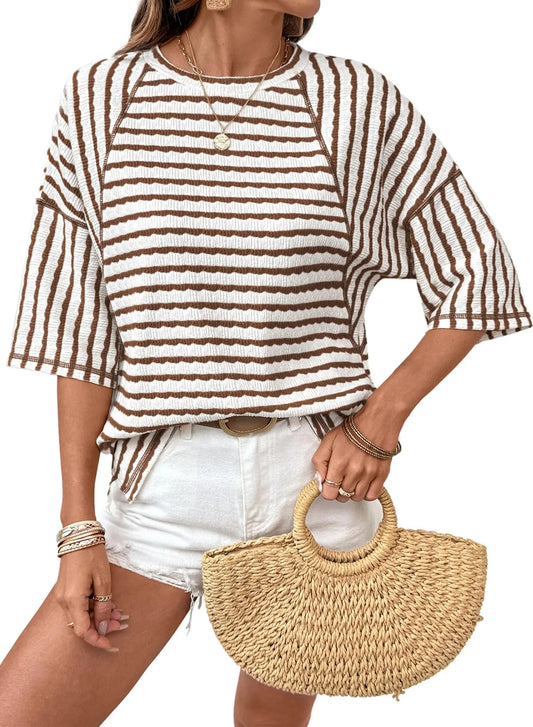 Striped Knit Split Hem Top – Crewneck, Relaxed Fit