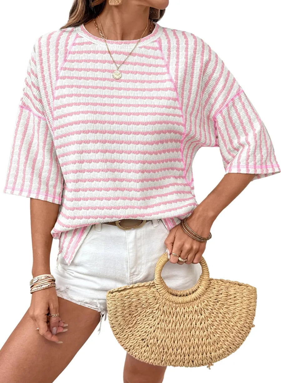 Striped Knit Split Hem Top – Crewneck, Relaxed Fit